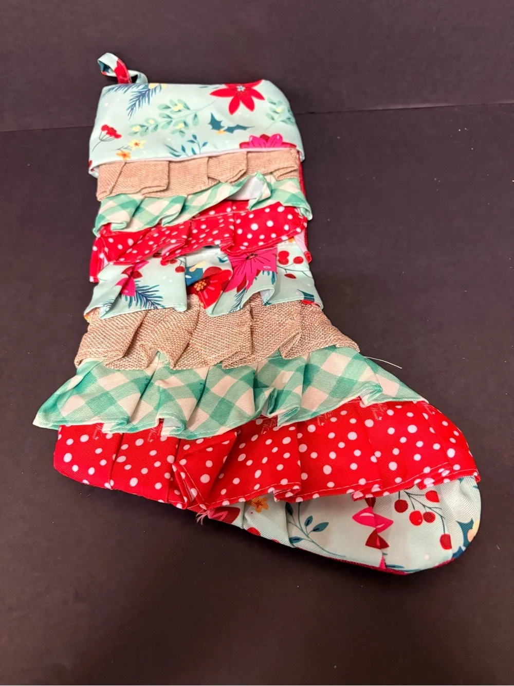Pioneer Women vintage Ruffled Holiday Stocking - Mint, Red & Tan